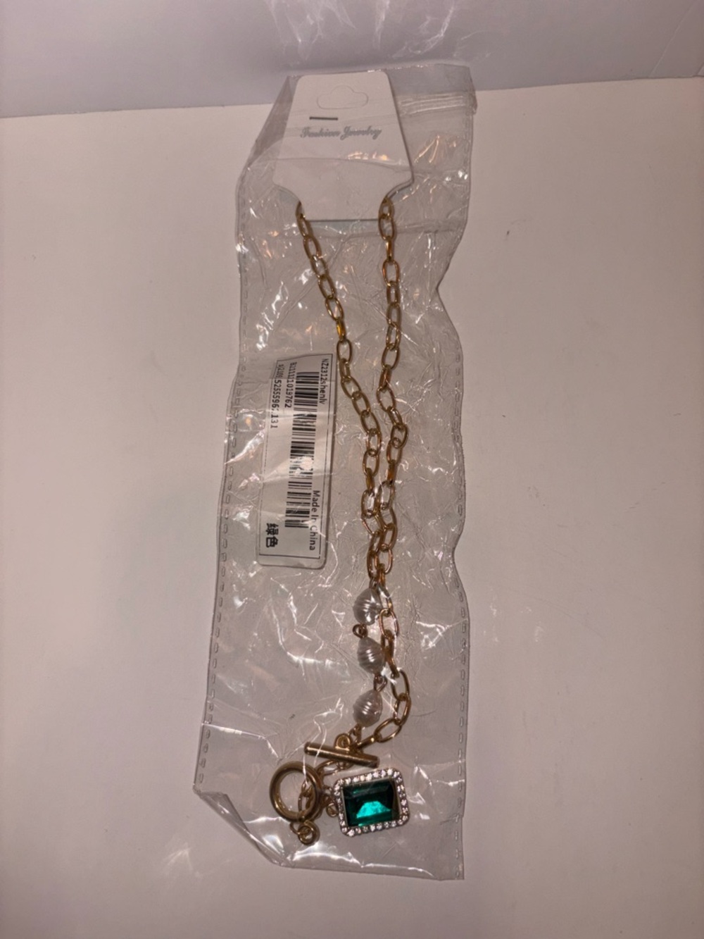 Gold Chain Necklace with Green Gem and Pearl Accents - Fashion Jewelry